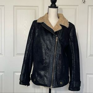Jealous Tomato Shearling and Vegan Leather Rich Brown Bomber Jacket, Large